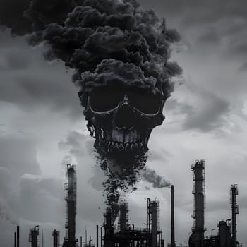 A dark industrial setting with a menacing skullshaped smoke cloud in the sky