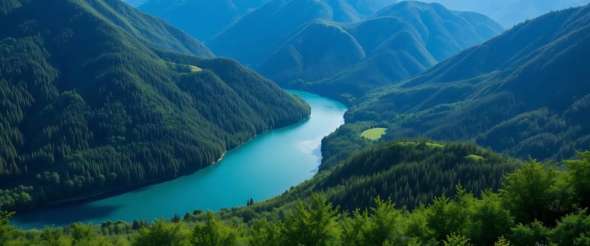 Atranquil river carves through lush, forested mountains under a serene sky. The vibrant greenery and still water evoke a sense of peace and untouched beauty, as if nature whispers secrets of eternity.