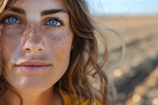 a close up of a woman s face with blue eyes and freckles . High quality