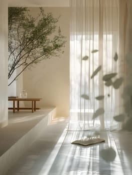 Interior design featuring a hardwood floor, a bench, and a tree in the background providing a natural artistic touch and shades of green