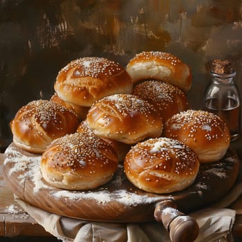 Buns, a staple food, are stacked on a wooden cutting board, ready to be used as an ingredient in a dish. They are an essential part of many recipes and cuisines