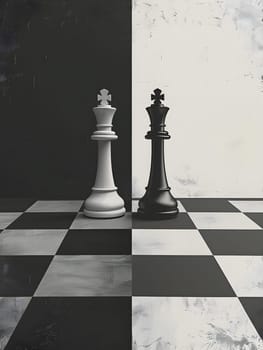 A vintage black and white photo showcasing two chess pieces on a hardwood chess board, capturing the essence of indoor games and sports