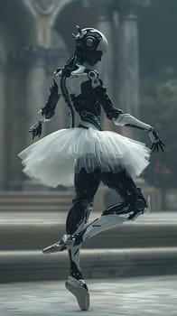 A robot wearing pointe shoes and a ballet tutu is gracefully dancing on the asphalt, showcasing its fluid leg movements and humanlike body control in a captivating performance of the performing arts