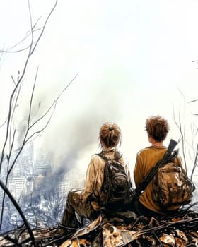 Two young survivors armed with a rifle perch on rubble in a desolate wasteland, gazing at a ruined city in the distance, embodying resilience and hope in a dark world