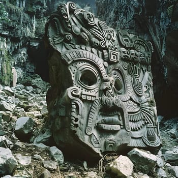 A sculpture carved into a large bedrock, forming an ancient artifact and creative arts piece. This archaeological site showcases a statuelike formation with a face etched into the terrain