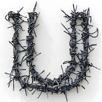 The letter u is depicted as a twig made of barbed wire on a white background. This artistic representation combines elements of nature and fashion accessories, creating a unique and striking visual
