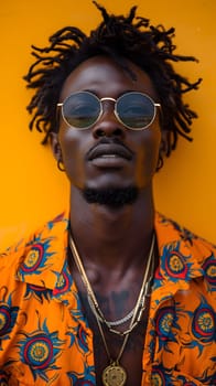 A cool man with a beard, wearing sunglasses and a necklace, stands in front of a yellow wall, exuding a retro Jheri curl vibe against an orange background