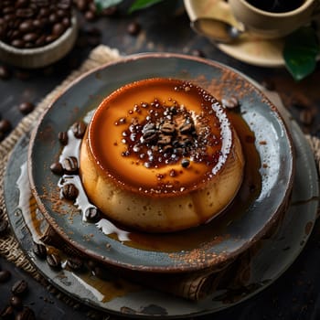 A closeup shot of a sticky bun dessert on a plate with coffee beans in the background, showcasing the perfect combination of food and tableware