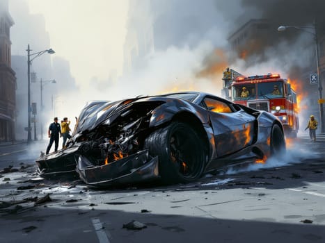 Firefighters working to extinguish a burning electric vehicle involved in a road accident, with police officers and other emergency personnel securing the area. Ai generated