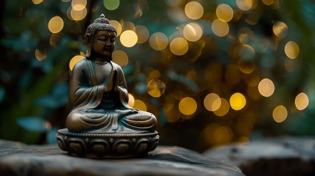 A detailed Buddha statue sits peacefully on a stone surface, illuminated by soft, warm bokeh lights in the background, creating a serene atmosphere in a garden - Generative AI