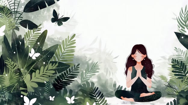 In a tranquil setting filled with vibrant green plants and gentle butterflies, a girl sits cross-legged, eyes closed, practicing mindfulness and meditation, embracing nature's peace - Generative AI