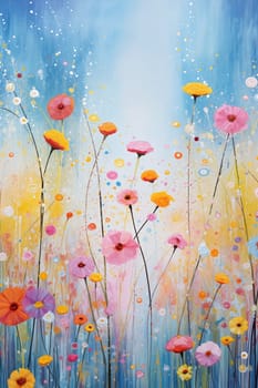 Bright wildflowers in vibrant colors fill the canvas, swaying gently in a soft breeze under a vivid blue sky during springtime - Generative AI
