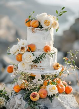 An elegant wedding cake adorned with a bouquet of flowers and fruit sits atop a rustic rock, beautifully blending nature with cuisine artistry