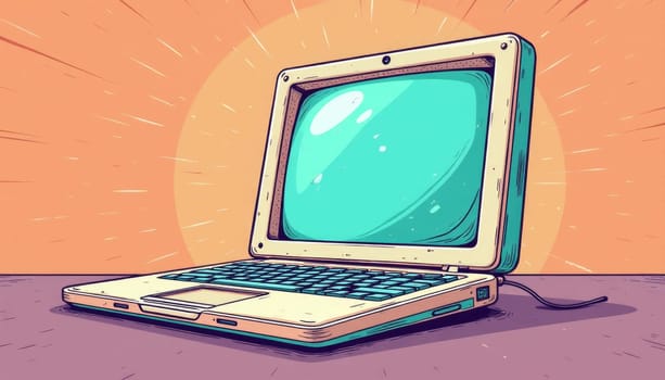 On a bright yellow backdrop, a playful pink laptop stands prominently, hinting at a world of creativity and innovation. The sun radiates behind, enhancing the cheerful atmosphere of the setting.