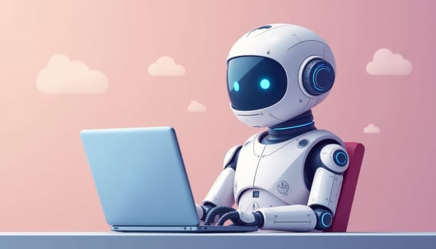 A futuristic robot with a sleek design concentrates on its laptop, showcasing the intersection of technology and productivity. Bright colors enhance a creative workspace filled with inspiration.