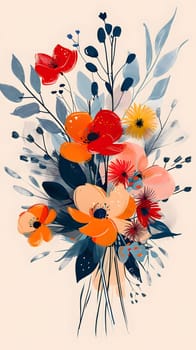 Vibrant floral illustration with leafy accents, featuring red, orange, and yellow flowers
