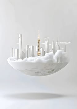 The scene shows an abstract floating city with skyscrapers rising above the clouds