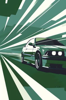 Stylized depiction of a fast green car racing with dynamic rays backdrop