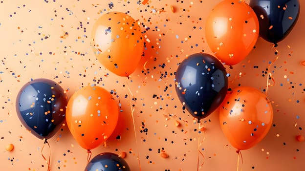 A festive display of orange and blue balloons with confetti on a brown background. Perfect for a party or celebration with vibrant colors