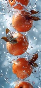 A stunning macro photography art capturing the moment of a row of oranges falling into a pool of liquid, creating a beautiful and fluid splash of water