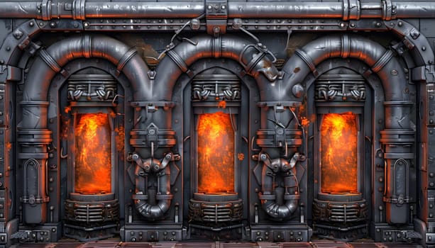 A symmetrical building facade with artistic gas pipes and fire fixtures, creating a captivating image of heat and energy in an architectural event