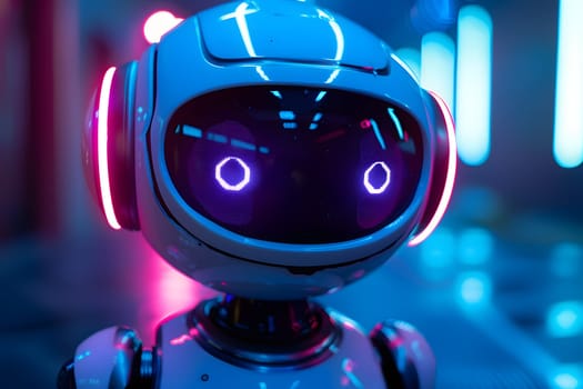 A closeup of a robot with azure and magenta lights on its face, representing cuttingedge entertainment technology with automotive and visual effect lighting features