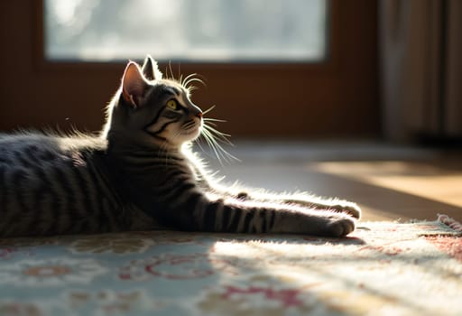 A gray tabby cat stretches on a rug as sunlight streams through a frosted window, casting shimmering patterns on the floor.