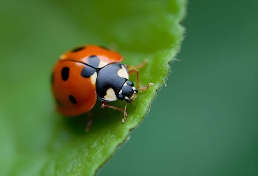 High-resolution macro capturing a ladybug crawling on a lush green leaf, showcasing intricate details and vibrant colors of nature.