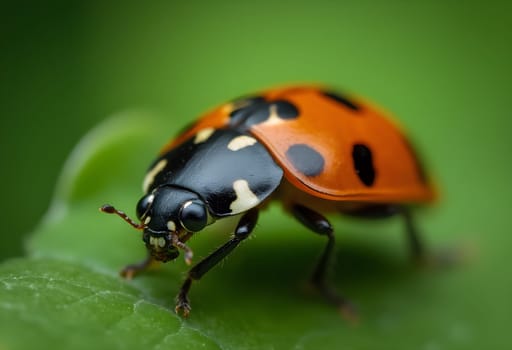 High-resolution macro capturing a ladybug crawling on a lush green leaf, showcasing intricate details and vibrant colors of nature.