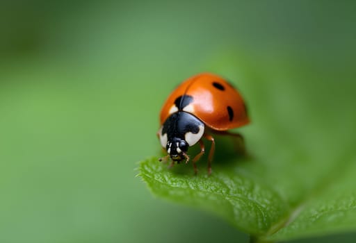 High-resolution macro capturing a ladybug crawling on a lush green leaf, showcasing intricate details and vibrant colors of nature.