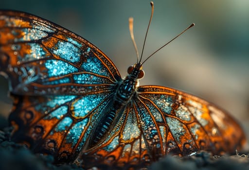 Abstract macro patterns on a butterfly’s wing under soft lighting, showcasing vibrant textures and intricate natural details in stunning clarity.