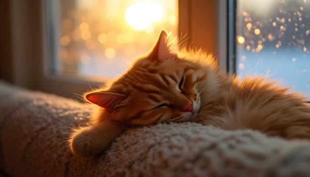 A fluffy orange tabby cat curled up on a sofa, glowing in golden light from a snowy sunset outside the window.