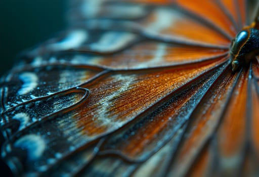 Abstract macro patterns on a butterfly’s wing under soft lighting, showcasing vibrant textures and intricate natural details in stunning clarity.