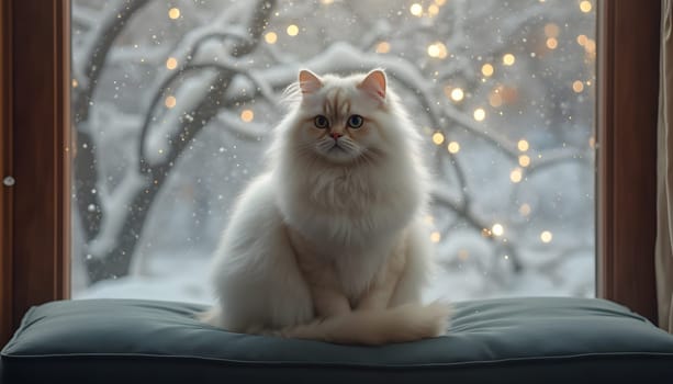 A white Persian cat sits gracefully on a velvet cushion, illuminated by ethereal light from snow-covered trees outside.
