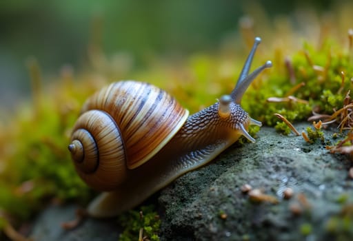 Detailed macro shot capturing a snail resting on a moss-covered rock, highlighting intricate textures and natural beauty.
