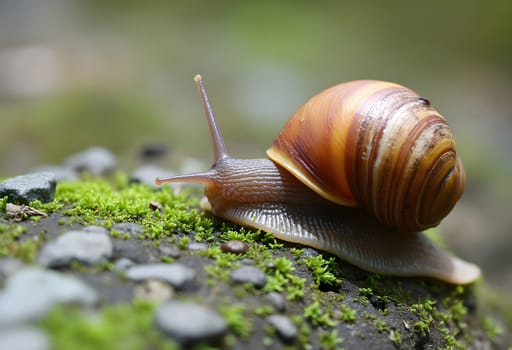 Detailed macro shot capturing a snail resting on a moss-covered rock, highlighting intricate textures and natural beauty.
