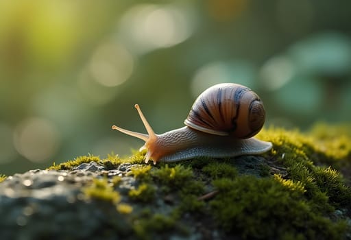Detailed macro shot capturing a snail resting on a moss-covered rock, highlighting intricate textures and natural beauty.
