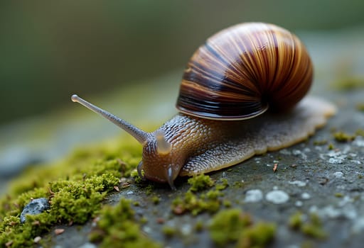 Detailed macro shot capturing a snail resting on a moss-covered rock, highlighting intricate textures and natural beauty.
