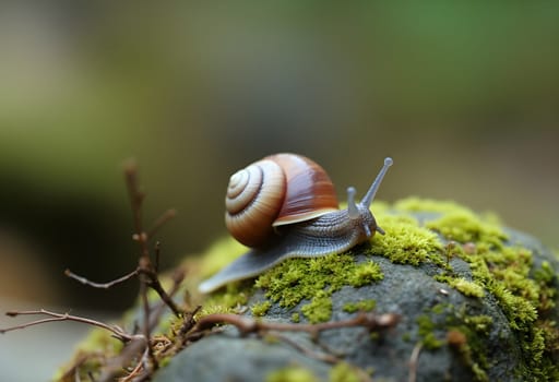 Detailed macro shot capturing a snail resting on a moss-covered rock, highlighting intricate textures and natural beauty.
