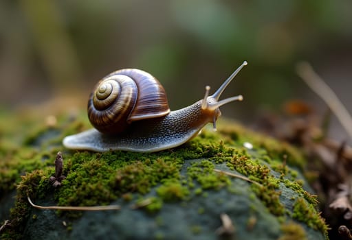 Detailed macro shot capturing a snail resting on a moss-covered rock, highlighting intricate textures and natural beauty.
