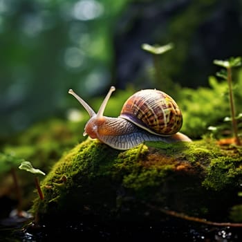 Detailed macro shot capturing a snail resting on a moss-covered rock, emphasizing intricate textures and the natural beauty of the environment.