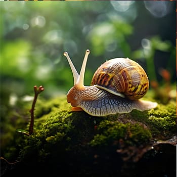 Detailed macro shot capturing a snail resting on a moss-covered rock, emphasizing intricate textures and the natural beauty of the environment.