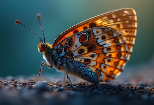 An abstract macro watercolor painting of a butterfly’s wing, showcasing intricate patterns and vibrant colors under soft, diffused lighting.