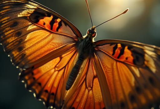An abstract macro watercolor painting of a butterfly’s wing, showcasing intricate patterns and vibrant colors under soft, diffused lighting.