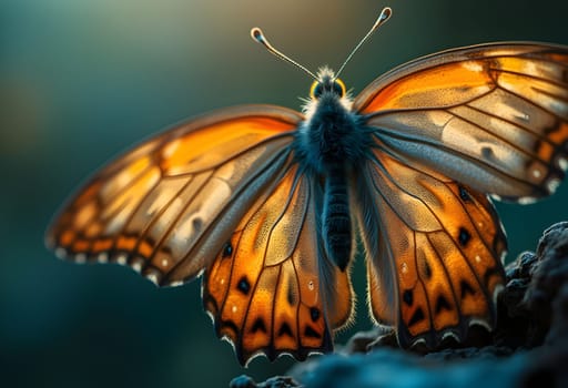 An abstract macro watercolor painting of a butterfly’s wing, showcasing intricate patterns and vibrant colors under soft, diffused lighting.