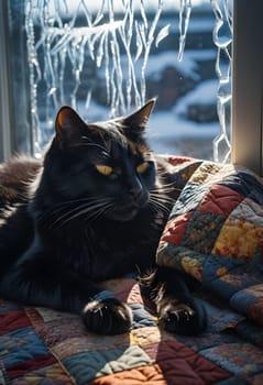 A black cat sleeps peacefully on a patchwork quilt by a frosted window, where sunlight dances on the icicles.