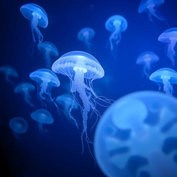 An ethereal underwater world illuminated by glowing jellyfish, creating a serene and mesmerizing aquatic landscape.