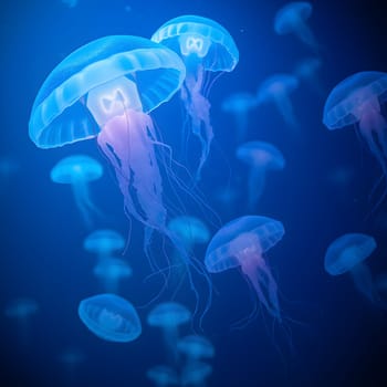 An ethereal underwater world illuminated by glowing jellyfish, creating a serene and mesmerizing aquatic landscape.