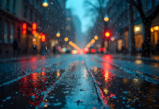 A dynamic shot capturing vibrant city lights reflecting on a wet street after rain, highlighting urban energy and atmospheric beauty.