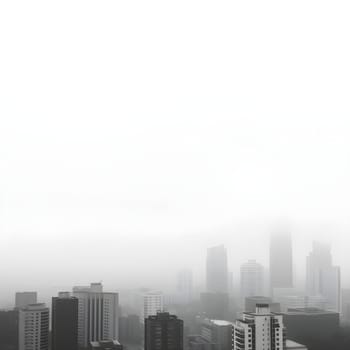 A monochrome depiction of an urban skyline enveloped in foggy weather, highlighting silhouettes and a mysterious atmospheric mood.